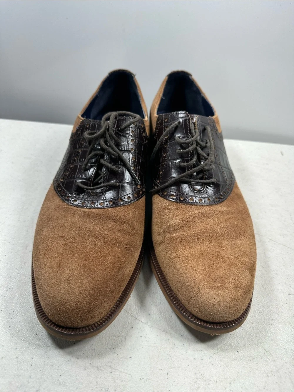 Cole Haan 9.5M Tan Brown Suede Leather Dress Shoes Saddle Oxfords Croc Embossed
